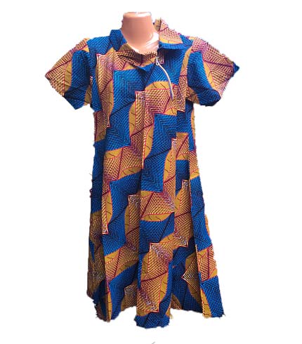 African Print Dress - Orange & Blue Design