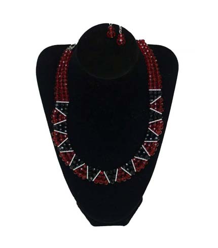 Red Design Beaded Necklace with Earrings