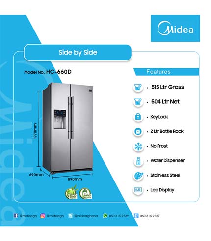 Midea 515Ltr Side By Side Refrigerator With Dispenser