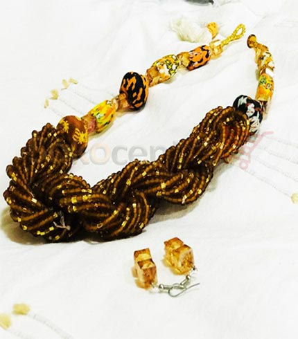 Brown Beaded Necklace and Earrings